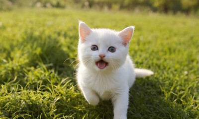 Adorable white kitten meowing on green grass