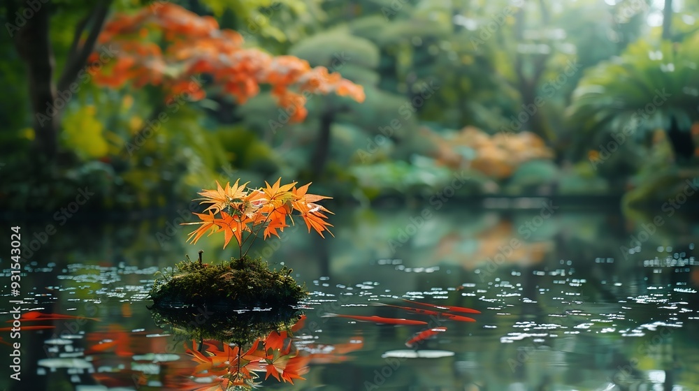 Poster A Japanese garden with a Japanese maples on the forgetting and background sure surrounding a carp lake : Generative AI
