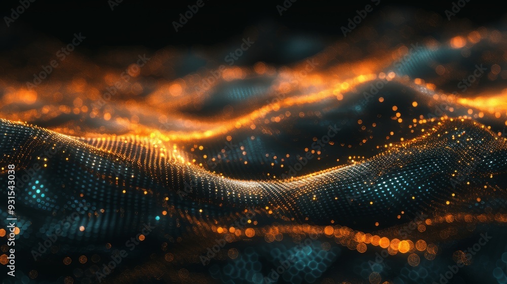 Poster digital landscape created by reflective particles and waves. ideal for tech and sci-fi themes.