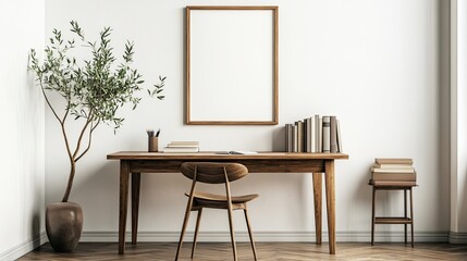 Minimalist home office with wooden desk, chair, and bookshelf, a potted plant, and a blank frame on a white wall.