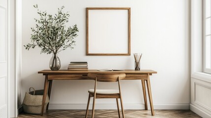 Minimalist Home Office with Wooden Desk, Chair, and Empty Frame.