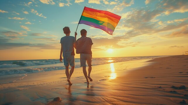 Young couple asian gay with pride movement LGBT holding rainbow flag raise up for freedom Demonstrate rights LGBTQ celebration pride Month Gay Pride Symbol Walking on the sand sea beac : Generative AI