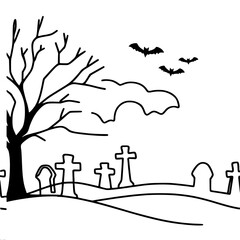 Naklejka premium Minimalistic vector one-line black and white drawing of a cemetery on a hill, a huge tree without leaves, crosses and bats, for Halloween