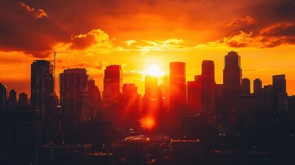 Obraz premium A vibrant orange sunset over a city skyline, casting a warm glow on the buildings