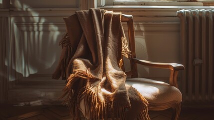 A warm brown scarf draped over a wooden chair, inviting warmth on a chilly day