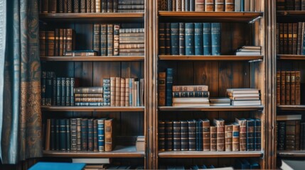 A wooden bookshelf filled with brown leather-bound books, adding warmth to a study