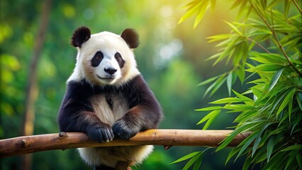 Obraz premium Panda bear sitting on a bamboo branch , Panda, bear, bamboo, sitting, wildlife, cute, nature, animal