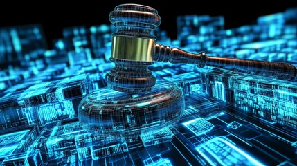 Justice gavel, smashing through holographic law books, blue neon lights, vibrant motion blur, dark futuristic background, dynamic composition, highly detailed