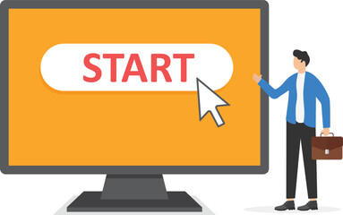 businessman pushing start button,with cursor,vector illustration,

