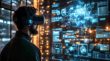 AI-Enhanced Remote Work Platforms with Virtual Reality Offices: Users interacting in a virtual office space, where AI enhances communication and task management.
