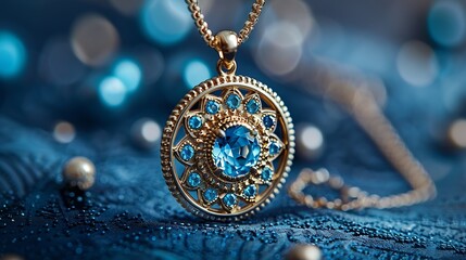 Elegance gold pendant necklace with blue topaz gemstones on blue background Fashion jewelry with natural gemstone : Generative AI