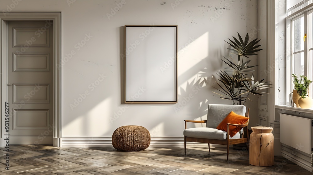 Poster blank picture frame mockup on a wall square orientation artwork template in interior design : genera