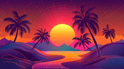 Intuitive illustration of retro wave horizons on a beach. Bright glowing neon laser lights. Sythwave wireframe network. Palm trees on the horizon. Retro futuristic style. Photorealistic rendering.
