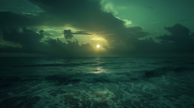 Dark green sunset above the Caribbean sea : Generative AI