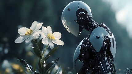 Ethereal Flower Merging with Robotic Ghost in Cosmic Dreamscape