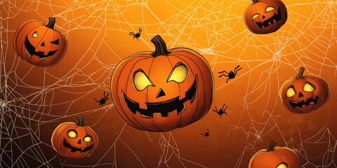 Scary Pumpkin Face in Minimal Spider Web and Orange Gradient Background, Abstract Halloween Background