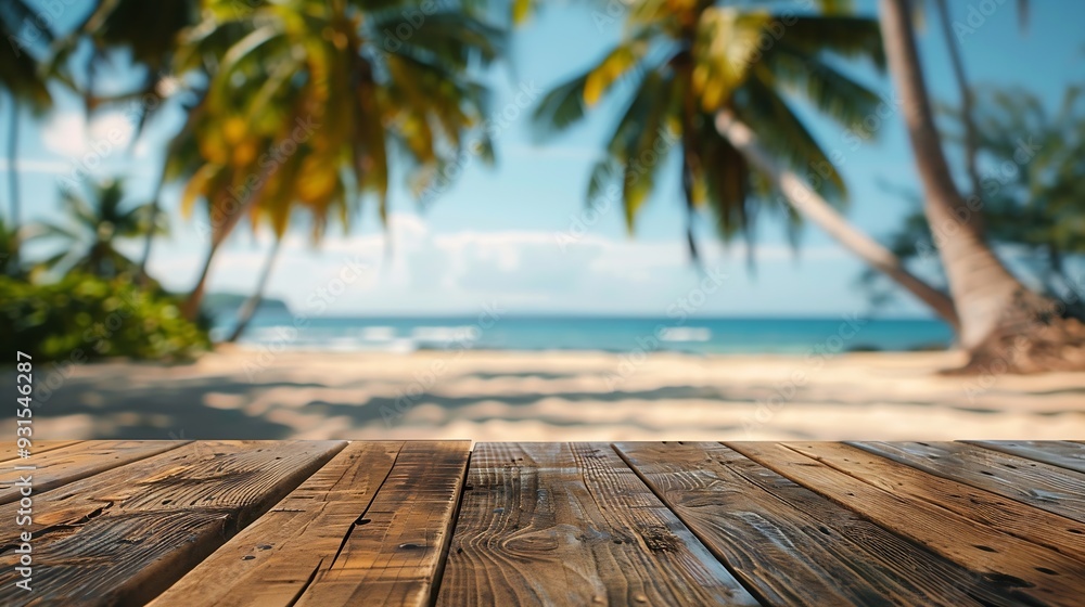 Aufkleber Empty wooden table with blurred beach with coconut trees in the background : Generative AI
