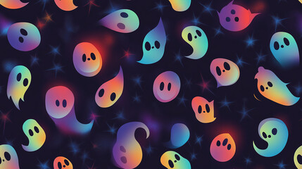 A seamless pattern with holographic halloween Ghosts. Glowing neon background. 