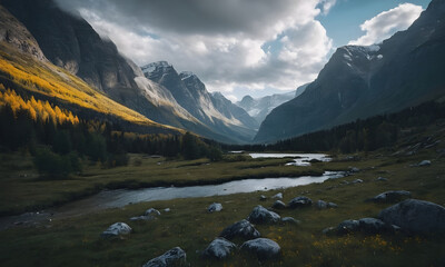 River flowing through lush valley with mountains in the background