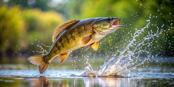 summer afternoon sparkling water droplets smallmouth bass acrobatic leap mid-air action dramatic splash isolated background