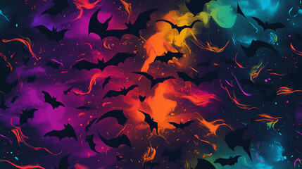 A seamless pattern with holographic halloween Bats. Glowing neon background. 