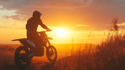 A motocross rider rides into the sunset. 