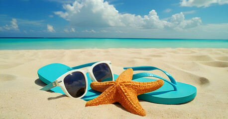 Starfish relaxing on beach with sunglasses and flip flops