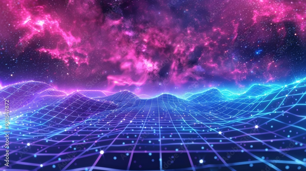 Poster wireframe net illustration. abstract digital backdrop. retro futurism 80s, 90s, cyber grid. deep spa