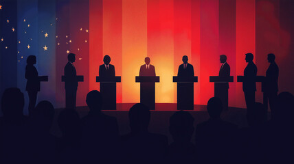 Silhouette of politician debate on stage on minimal background