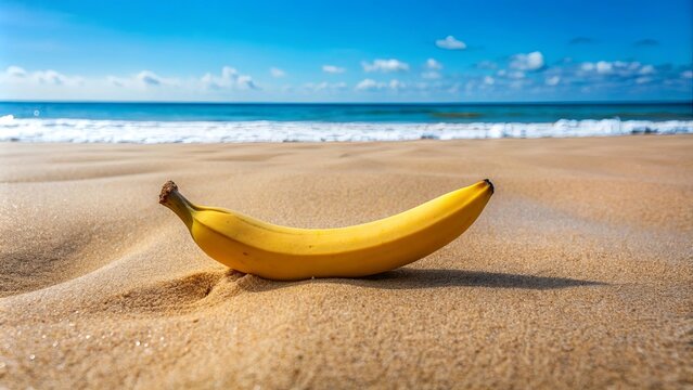 A ripe banana placed on a sandy beach , tropical, fruit, vacation, seaside, travel, healthy, snack, summer, vacation