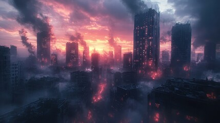 A dramatic landscape of a post-apocalyptic city at sunset, featuring burning buildings and a smoky sky.