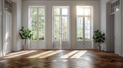 Fototapeta premium Living room with white walls overlooking many windows and doors wooden floors : Generative AI