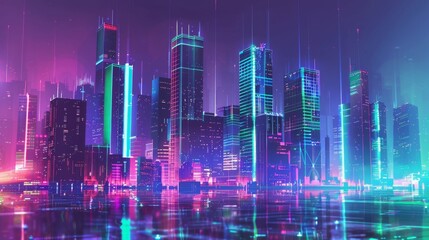Obraz premium Abstract futuristic cityscape with neon outlines and digital glitches