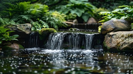 Green cozy garden with a small waterfall and rocks and structures in the pond : Generative AI