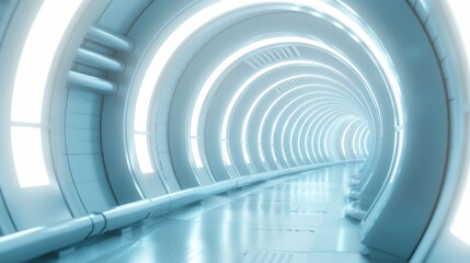 A 3D rendering of a futuristic, blue-toned tunnel with circular patterns