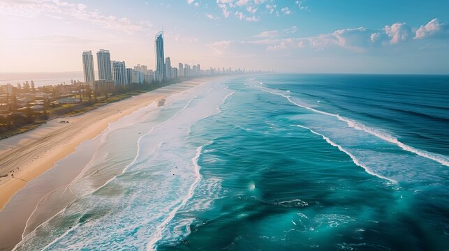 An aerial view of the Gold Coast beach and skyline on a sunny day : Generative AI