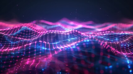 Obraz premium This futuristic digital landscape features vibrant neon lights and glowing grid lines, creating a virtual reality atmosphere ideal for tech and sci-fi themed visual content, or digital art.