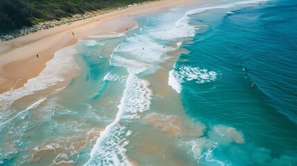 Aerial view of sandy beach with surfers at Cylinder Beach Point Lookout Queensland Australia : Generative AI