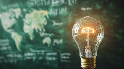 Creative learning approach for student success, featuring an innovative educational concept with a world lightbulb on a teacher's chalkboard for graduation and school achievement.