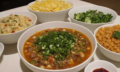 Delicious food served on a white table displaying culinary delights