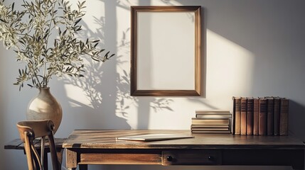 Wooden desk with books, tablet, framed picture, vase, and chair in a minimalist interior with natural light.