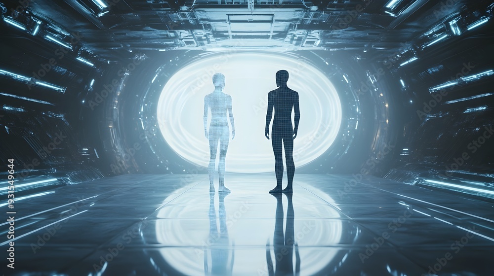 Poster a digital twin of a person standing side by side with their physical counterpart in a futuristic tec