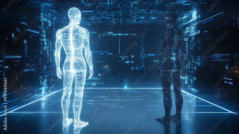 Poster a digital twin representation of a person standing side by side with the physical individual in a fu