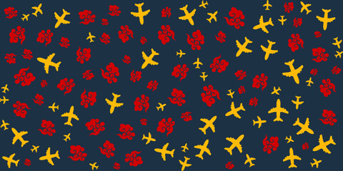 Abstract seamless pattern with yellow airplanes and red clouds on a blue background. Perfect for travel, aviation, and transportation designs.