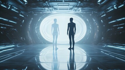 A digital twin of a person standing side by side with their physical counterpart in a futuristic technology driven setting showcasing the potential of advanced virtual identity and human duplication