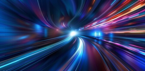 The colorful light streaks of a sci-fi hyperspace scene converge towards the event horizon. Concept Sci-fi Art, Space Exploration, Hyperspace Travel, Light Streaks, Events Horizons.