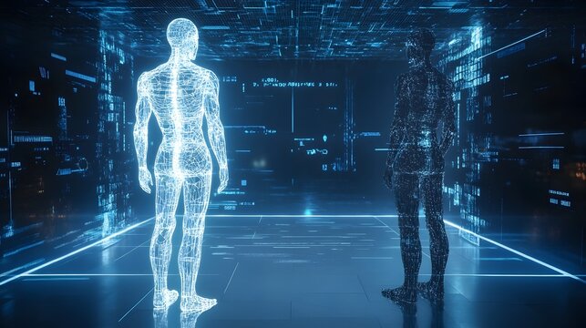 A digital twin representation of a person standing side by side with the physical individual in a futuristic technologically advanced setting
