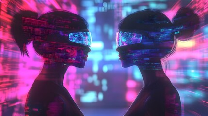 Two identical avatars engaging in various activities within a captivating futuristic digital environment showcasing the potential of virtual experiences
