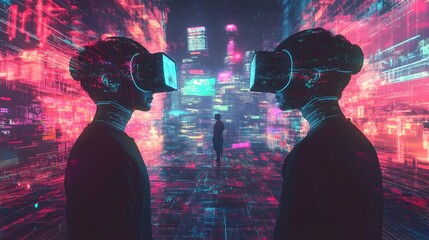 Two identical avatars seamlessly interacting in a vibrant futuristic digital environment showcasing a range of activities and possibilities within a virtual world