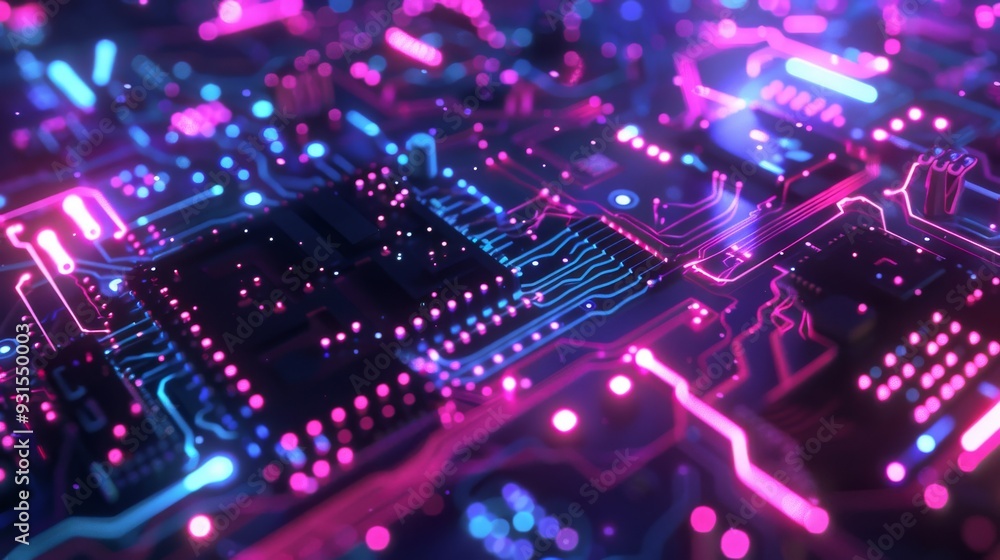 Poster floating graphics card on dark futuristic background with neon circuits and glowing components
